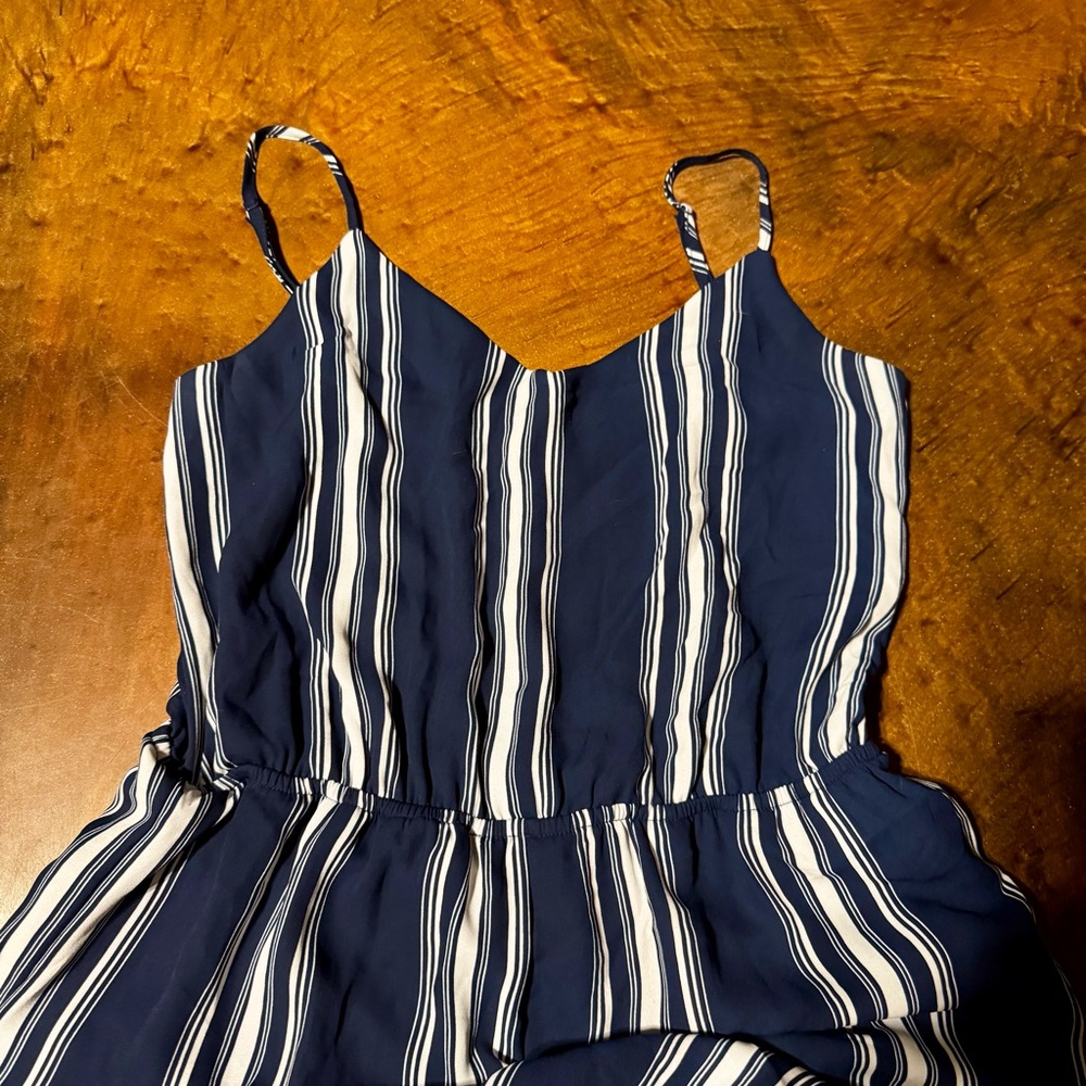 Shinestar Navy and White‎ Striped Wide Leg Jumpsuit